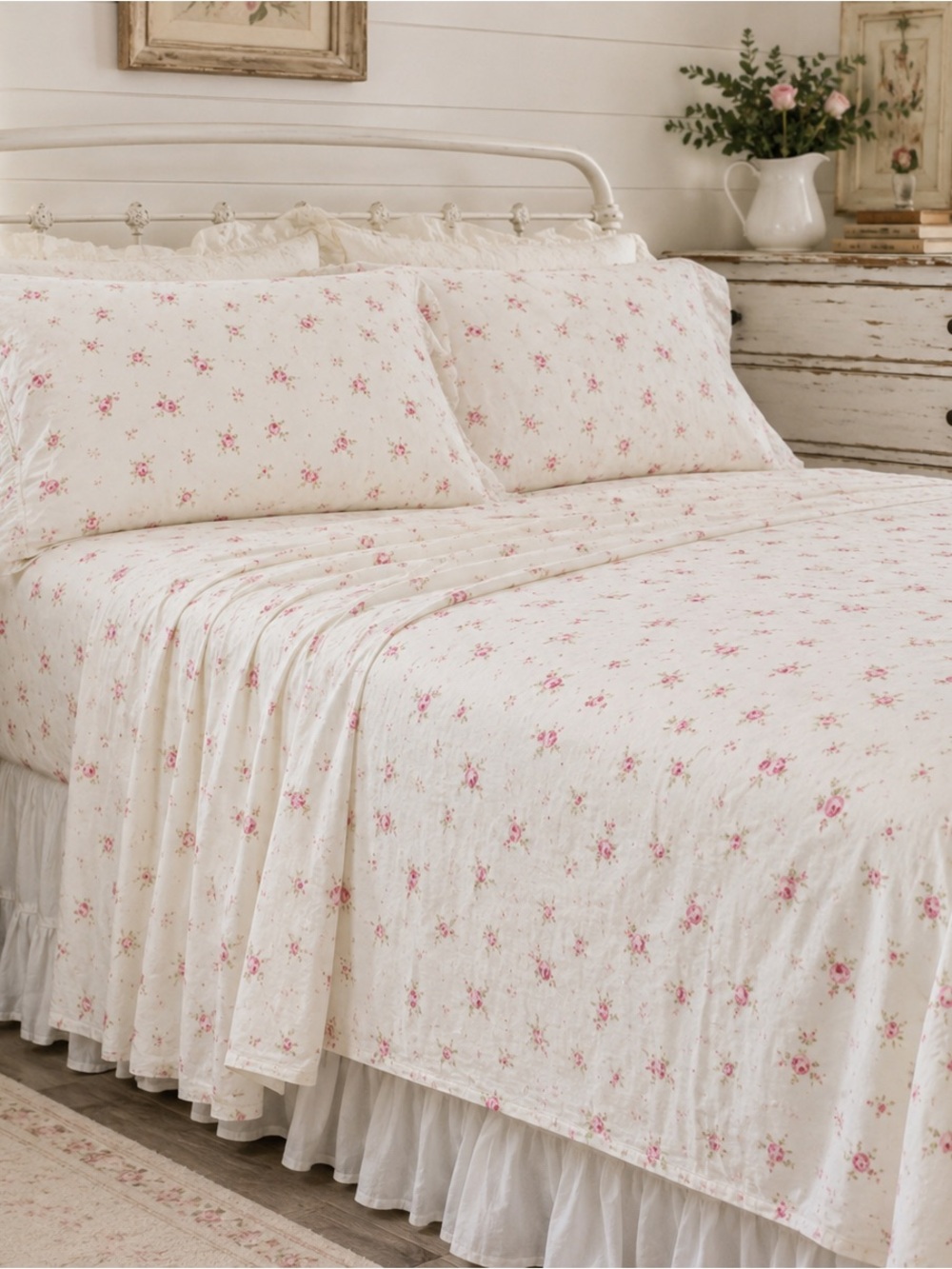 Rachel Ashwell Shabby Chic Queen Sheet Set Pink Rose Floral Cottagecore NIP